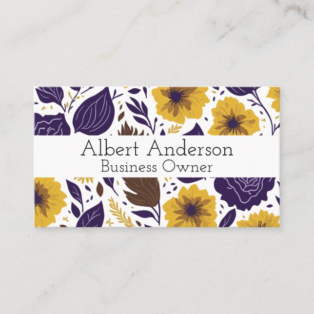 Yellow Purple Floral Pattern Business Card (Front)