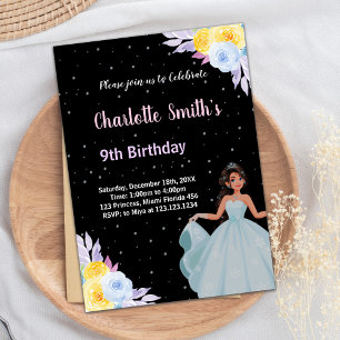 Yellow Purple Floral Princess Birthday Invitations