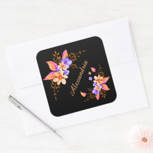 Yellow Purple Floral Watercolor Pattern Custom Square Sticker