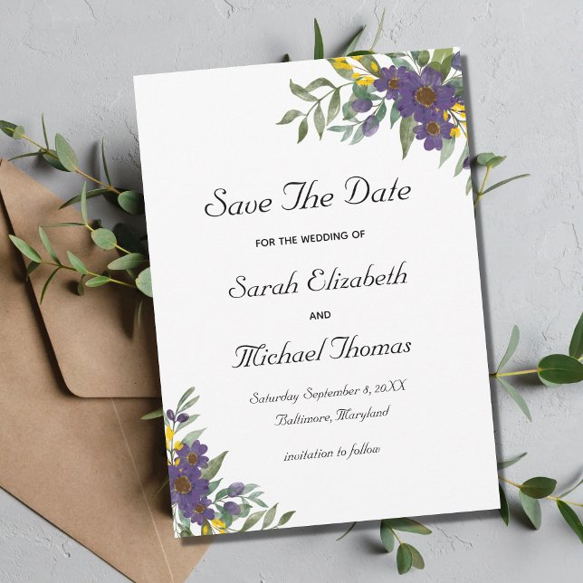 Yellow Purple Floral Wedding Save the Date Card (Creator Uploaded)