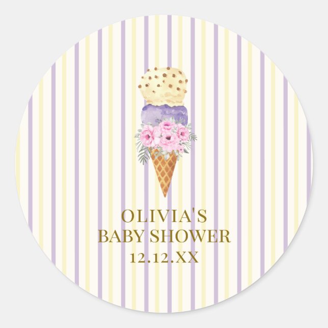 Yellow Purple Flower Scoop Ice Cream Baby Shower Classic Round Sticker (Front)