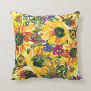 Yellow Purple Flowers Boho Watercolor Cushion