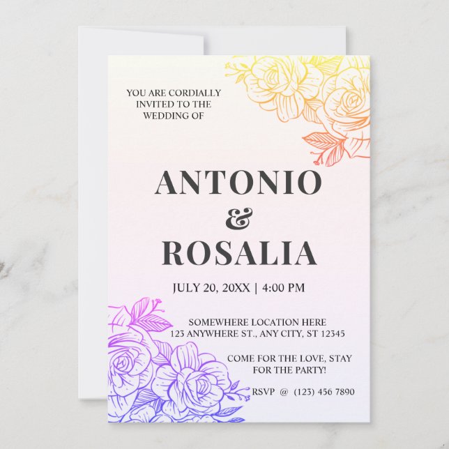 Yellow & Purple Flowers Vintage Illustration Wedd Invitation (Front)