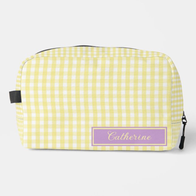 Yellow & Purple Gingham Cute Plaid Cosmetic Dopp Kit (Front)