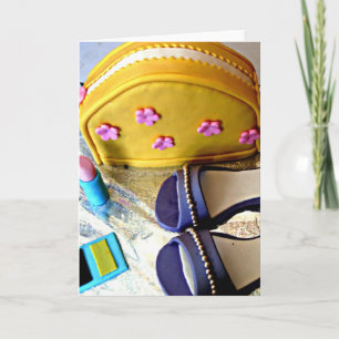 Yellow, purple girl's dress up game birthday cake card