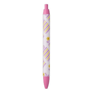 Yellow Purple Girly Floral Flower Blossom Hearts Black Ink Pen