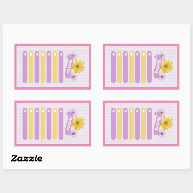 Yellow Purple Girly Floral Flower Blossom Hearts Rectangular Sticker (Sheet)