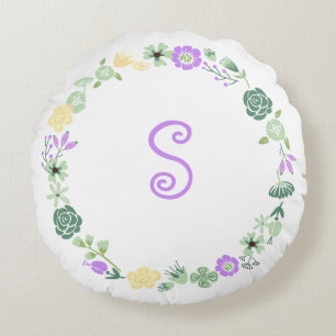 Yellow Purple Green Floral Wreath Monogram Pillow