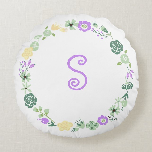 Yellow Purple Green Floral Wreath Monogram Pillow (Front)