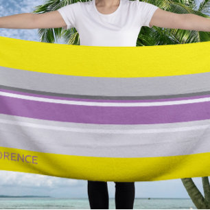 Yellow purple grey stripes  - personalised beach towel