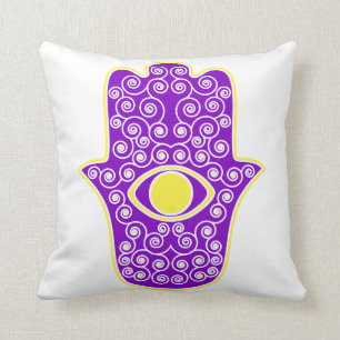 Yellow Purple Hamsa-Hand of Miriam-Hand of Fatima. Cushion