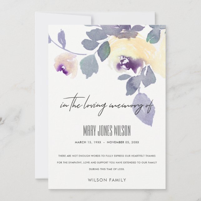 YELLOW PURPLE LILAC ROSE FLORAL SYMPATHY MEMORIAL THANK YOU CARD (Front)
