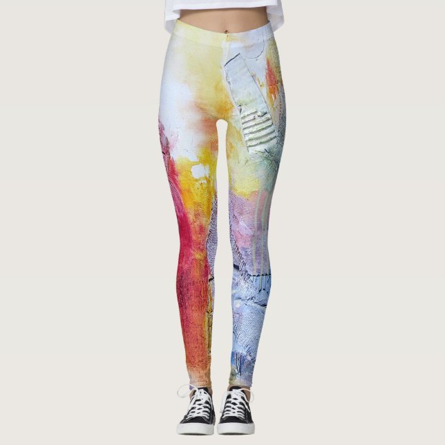 Yellow Purple Orange Red Faux Texture Abstract Art Leggings (Front)