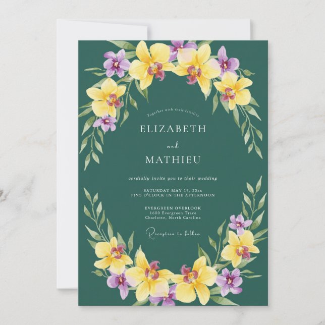 Yellow Purple Orchid Wedding Invitation (Front)