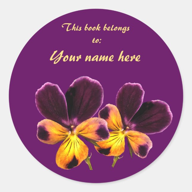 Yellow Purple Pansy Flower Floral Bookplate Classic Round Sticker (Front)
