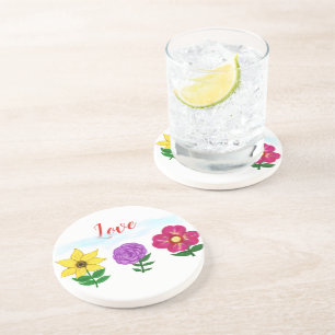 Yellow Purple Pink Flowers Love Typography Coaster