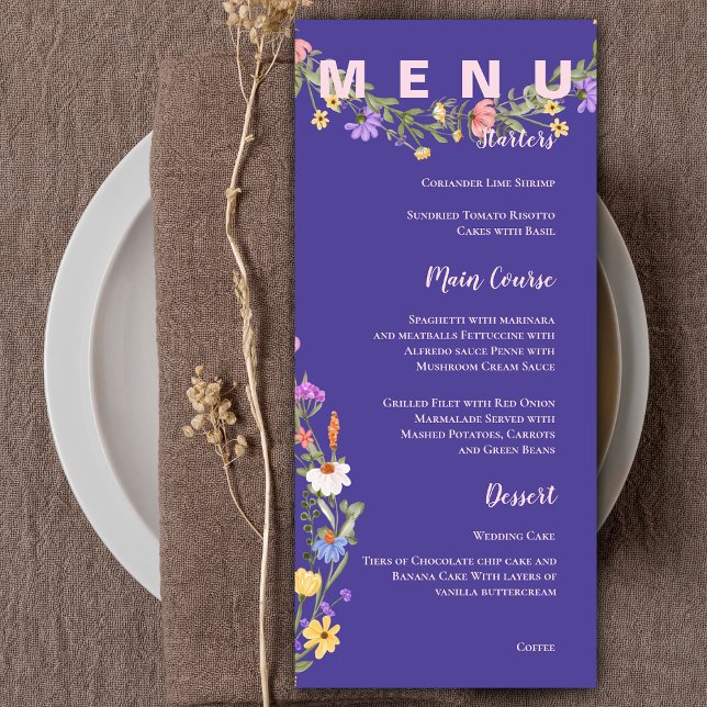 Yellow Purple Pretty  Wildflowers Wedding Party Menu (Yellow Purple Pretty Wildflowers Wedding Party Menu)