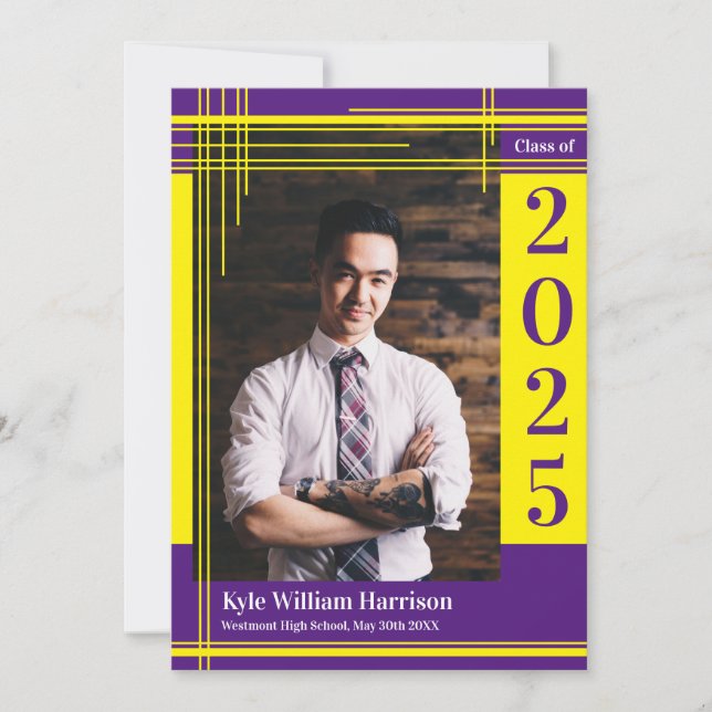 Yellow Purple School Colour Graduation Photo Plaid Invitation (Front)