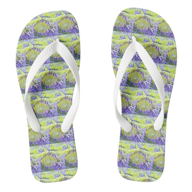 Yellow purple seashell in foaming sea watercolor  flip flops (Footbed)