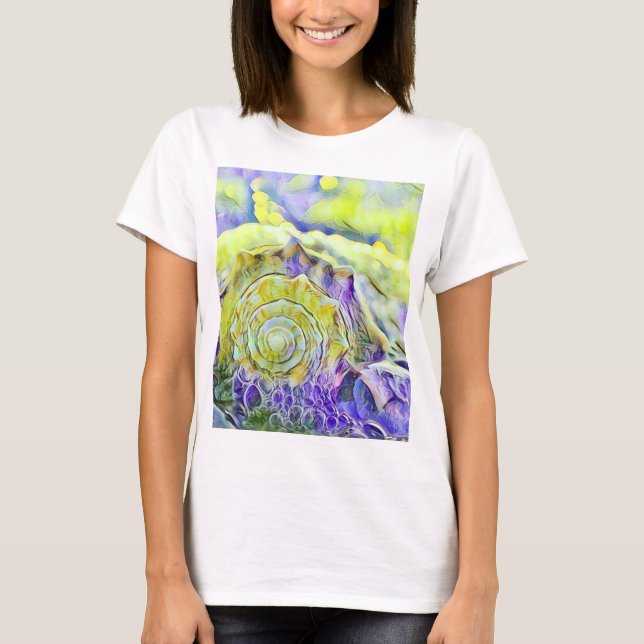 Yellow purple seashell in foaming sea watercolor  T-Shirt (Front)