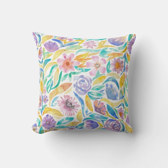 Yellow Purple Spring Watercolor Flowers Leaves Cushion (Front)
