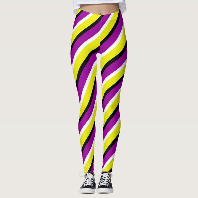 Yellow Purple Stripes Pattern Leggings (Front)