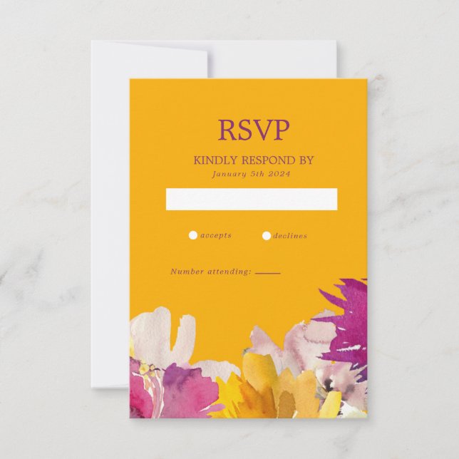 Yellow Purple Vibrant Wedding Flowers  RSVP Card (Front)