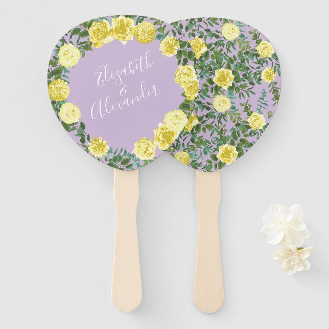 Yellow & Purple Vintage Elegant Spring Wedding Hand Fan (Front and Back)