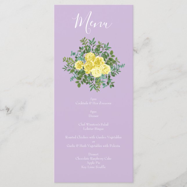 Yellow & Purple Vintage Elegant Spring Wedding Menu (Front)