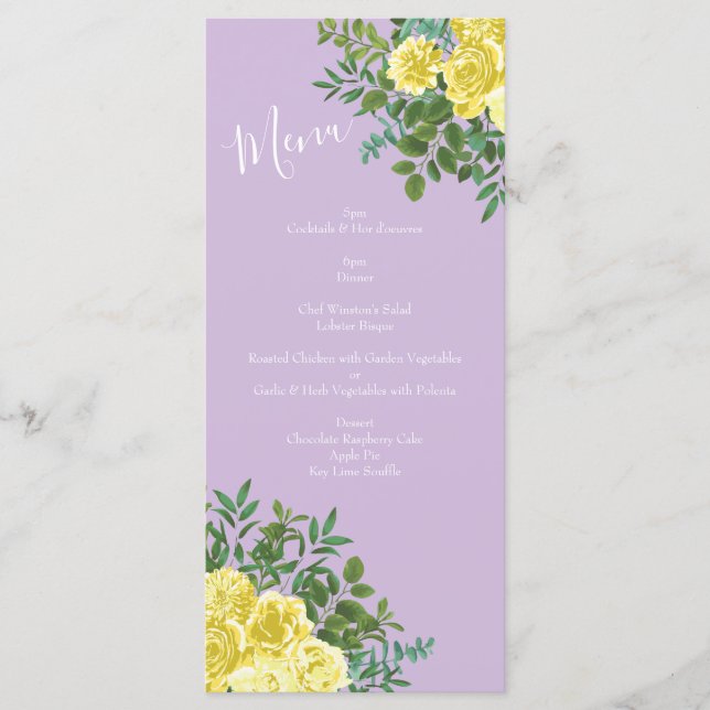 Yellow & Purple Vintage Elegant Spring Wedding Menu (Front)
