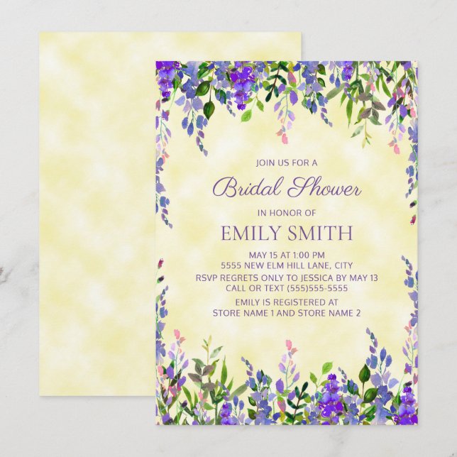 Yellow Purple Watercolor Floral Bridal Shower Invitation (Front/Back)