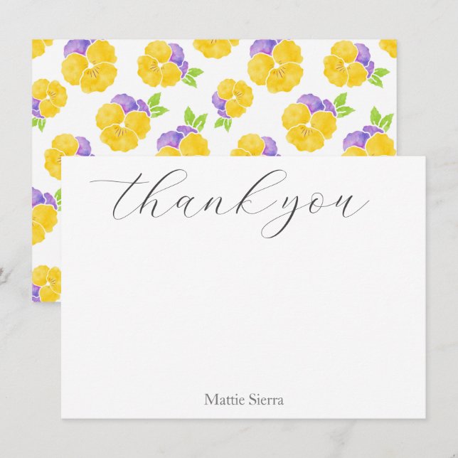  Yellow Purple Watercolor Pansy Pattern Thank You Card (Front/Back)
