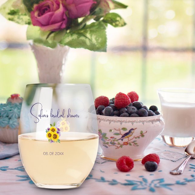 Yellow purple wildflower sunflower watercolor  stemless wine glass (Creator Uploaded)