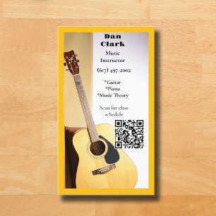 Yellow QR Code Music Teacher Acoustic Guitar  Business Card