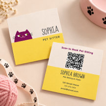 Yellow QR Pet Sitter Business Card Cute Cat