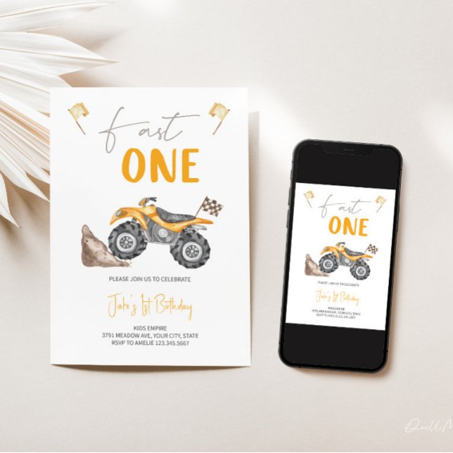Yellow Quad Bike 'Fast One' Birthday Invitation  (Creator Uploaded)