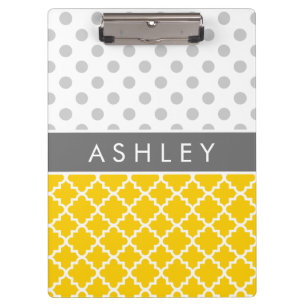 Yellow Quatrefoil and Grey Polka Dot Pattern Clipboard