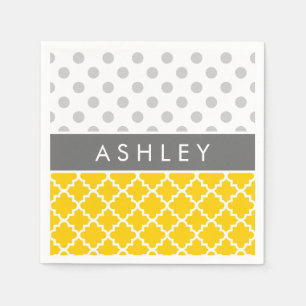 Yellow Quatrefoil and Grey Polka Dot Pattern Napkin