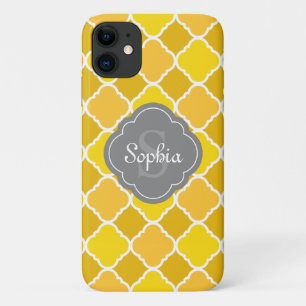 Yellow Quatrefoil Pattern with Grey Monogram iPhone 11 Case
