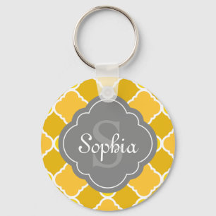 Yellow Quatrefoil Pattern with Grey Monogram Key Ring