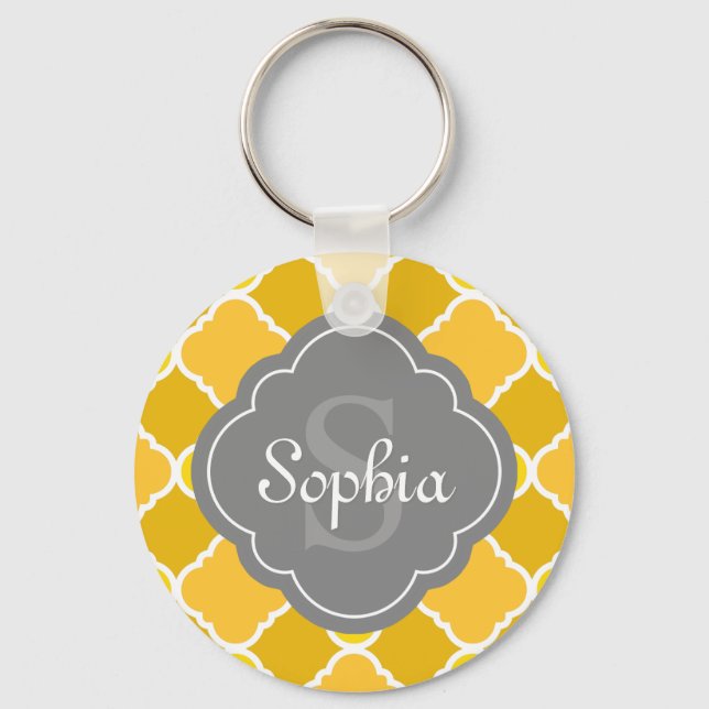 Yellow Quatrefoil Pattern with Grey Monogram Key Ring (Front)