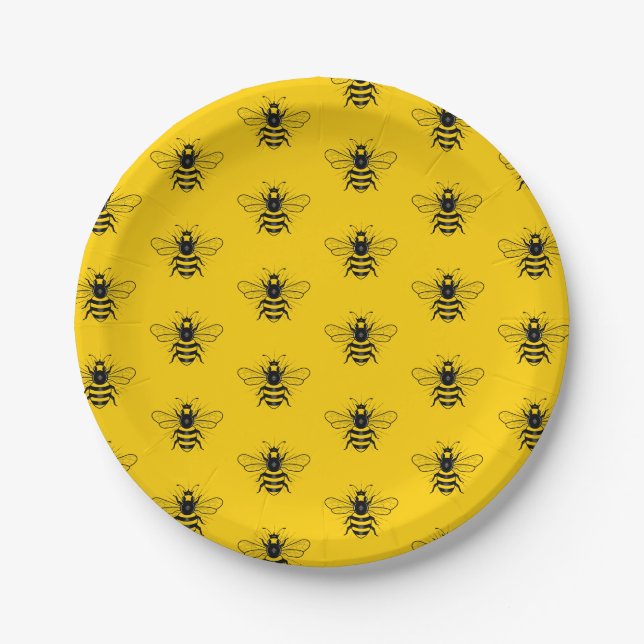 Yellow Queen Bee Pattern Paper Plates (Front)