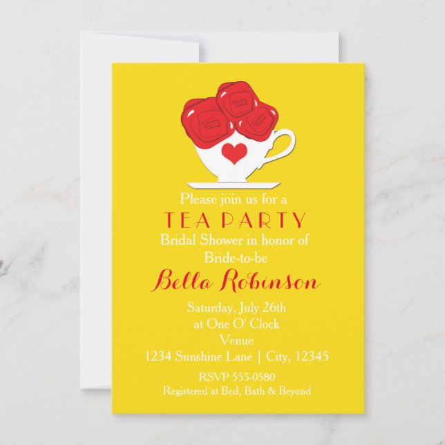 Yellow Queen of Hearts Tea + Red Roses Invitation (Front)