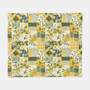 Yellow Quilt Patchwork Gingham Cottagecore Floral Fleece Blanket