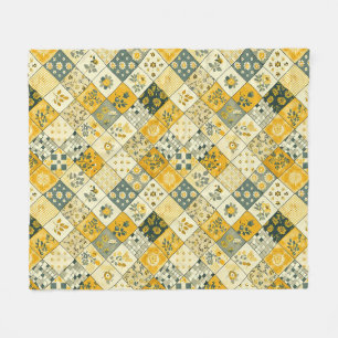 Yellow Quilt Patchwork Gingham Cottagecore Floral Fleece Blanket