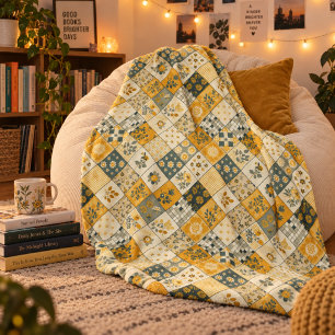Yellow Quilt Patchwork Gingham Cottagecore Floral Fleece Blanket