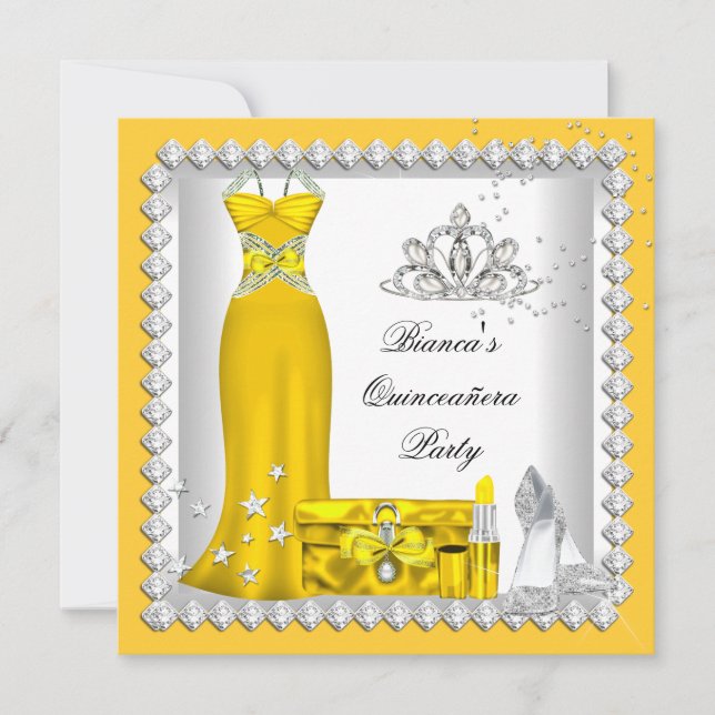 Yellow Quinceanera 15th Tiara Birthday Party Invitation (Front)