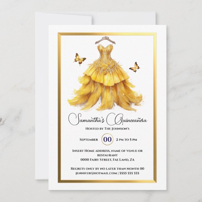 Yellow Quinceañera ballgown gold butterfly elegant Invitation (Front)