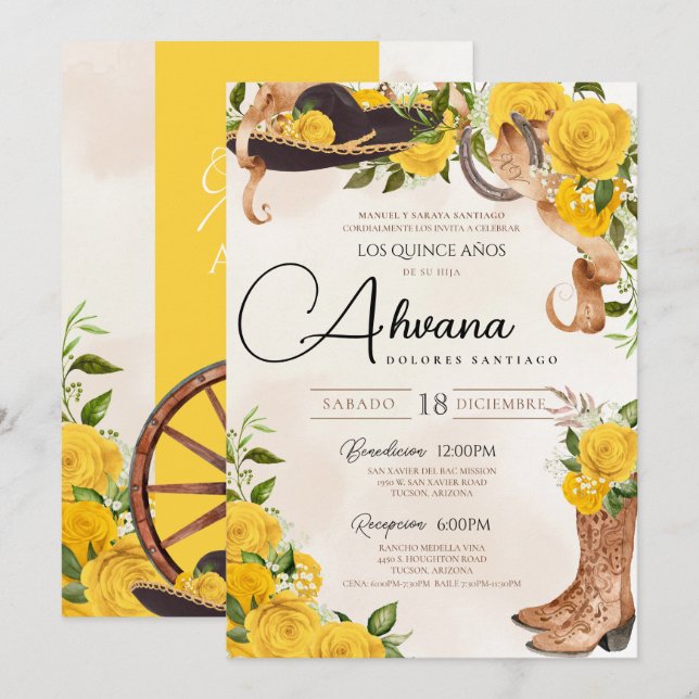 Yellow Quinceanera Roses Vintage Charro Western Invitation (Front/Back)