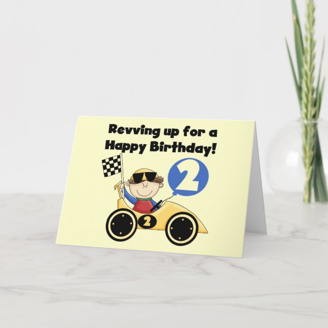 Yellow  Race Car 2nd Birthday Tshirts and Gifts Card (Front)